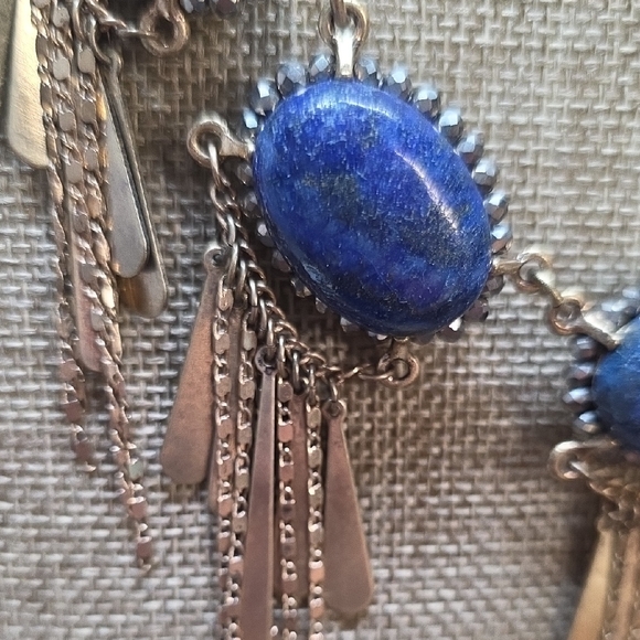 Lapis Lazuli Gold Tone Statement Dangle Necklace With Fringe - Picture 2 of 8